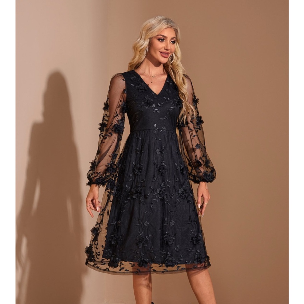 JJs House Medium V-Neck Long Sleeve A-line Jacquard Tulle Midi Dress  FREE SHIP - Picture 3 of 8
